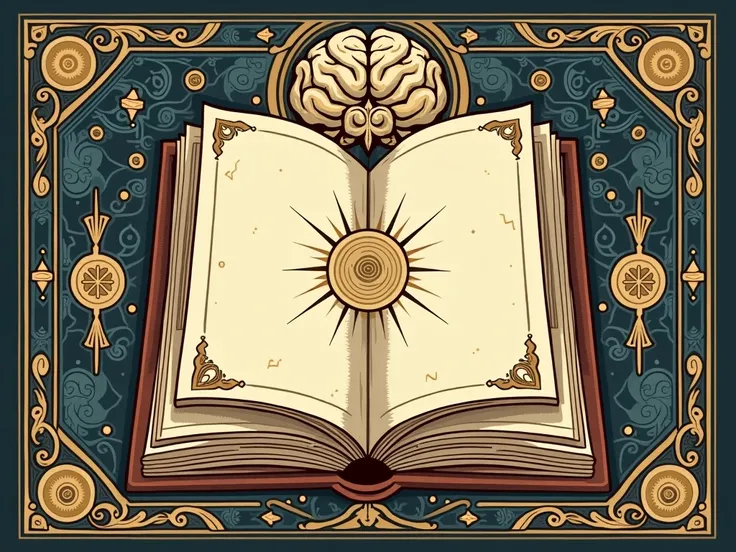 "Create an elegant and intriguing design for the back of a board game card titled Enigmas del Saber. The background should feature abstract patterns or symbols related to philosophy and knowledge, such as open books, a brain, or interconnected gears. The o...