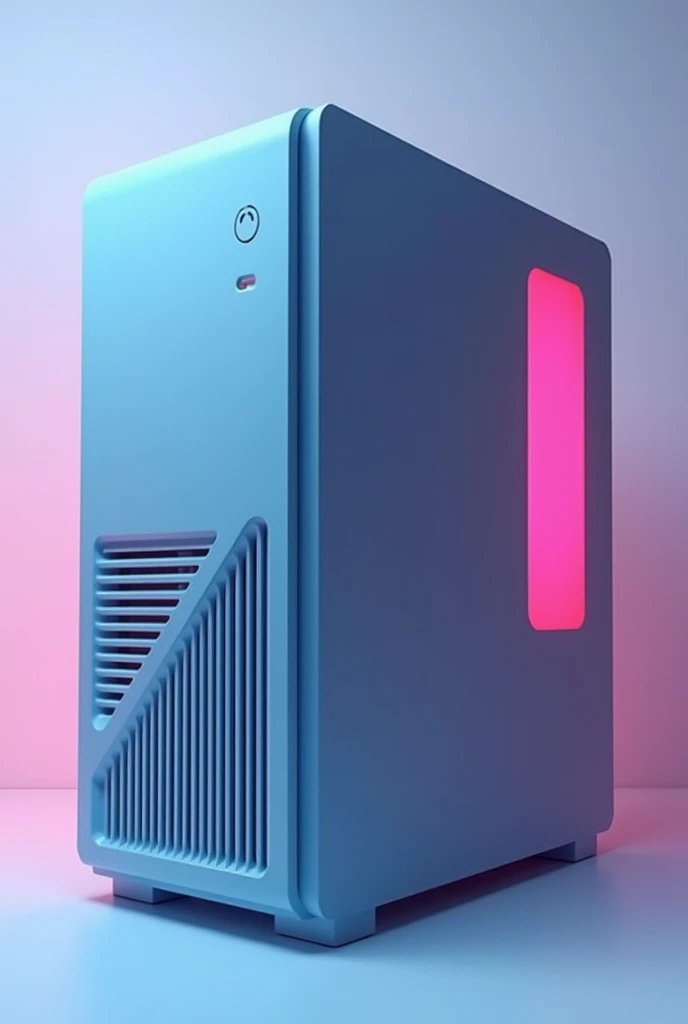 Create an image of a modern computer case (PC cabinet) with a sleek, minimalist design. The case should have three ventilation grilles symmetrically placed at the front. The color scheme should be blue with gray and pink. The case should have clean, sharp ...