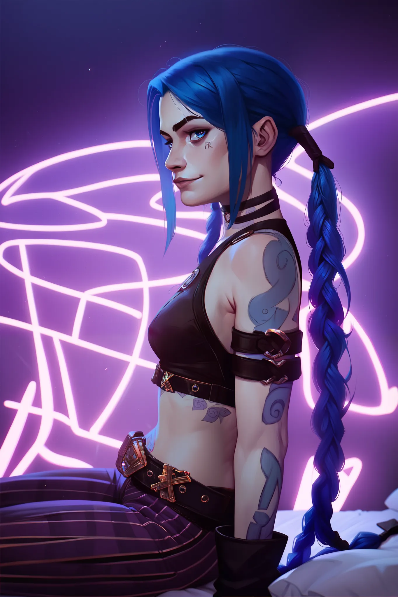 score_9, score_8_up, score_7_up, score_6_up, arcane style,  artificial light source, masterpiece,best quality, highly detailed, Expressiveh, tidy bedrrom, small room, cramped bedroom, neon light, purple neon lights, detailed background, 1girl, j1nx, blue hair, pale skin, choker, blue eyes, long blue twin pigtails, tattoo, sleeve, armbands, gloves,crop top, sleeve, armbands, purple striped pants, gloves, belt, sitting on bed, dynamic sexy pose, smirk, view from side