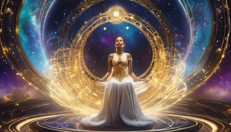  A woman seated on a majestic throne made of light energy and golden symbols.  The throne floats in space ,  with constellations aligned around her ,  forming a perfect circle . In your hands,  she holds a globe of pulsating light ,  within which there are...