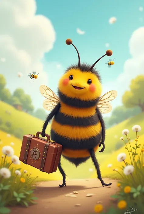 A traveling bee with a suitcase in its hand