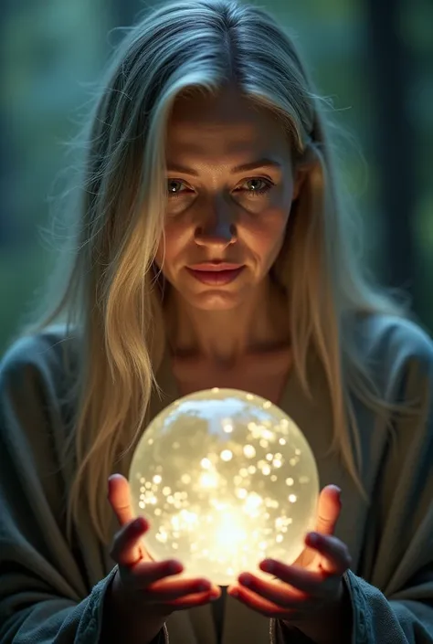 Photo of a woman with a crystal ball, 50 years old, long hair, looking forward 