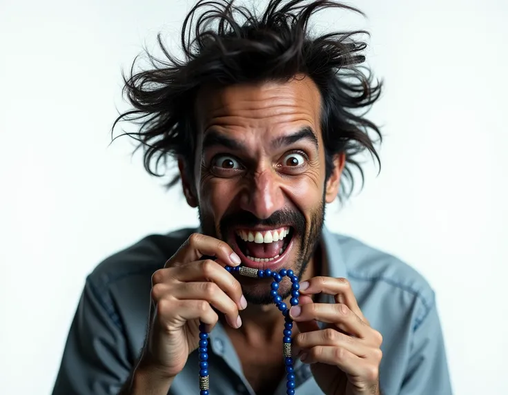 Demo image ,  a madman with a blue Japamala close,  professional photo,  white background, Buda