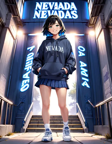 (8K, best quality, master piece: 1.2),Ultra High Resolution,1 girl,solo,ultra-detailed face,detailed eyes,Tsurime Eyes,(smirk),dark gray long sleeves hoodie, (Written on hoodie text:"NEVADA":1.5),navy pleated skirt,white socks,sneakers,full body,black hair...