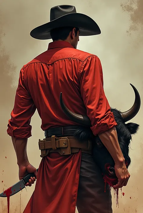  It generates an image of a federal gaucho looking backwards holding a knife in his hand and in the other the head of a decapitated bull and that the gaucho is stained red ( That the gaucho is looking backwards )  that it is in the illustration style of an...