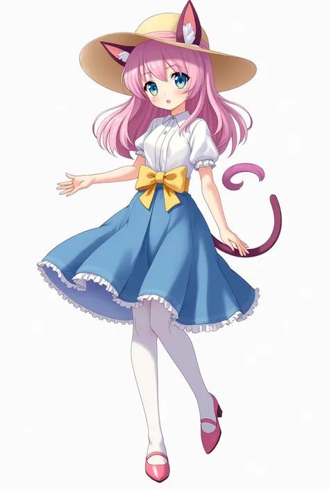 Beautiful anime girl, light skin,  cat ears and tail ,  pastel pink hair with purple highlights ,  blue eyes , with white shirt,  stylized blue skirt with a yellow bow on it,  with a cream summer hat , pink heels and white tights 