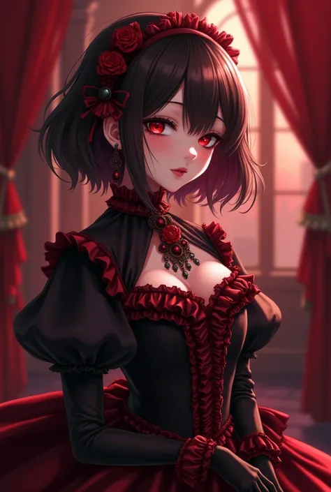 menou mitsumi, 18 years old girl, in a streat in victorian era, with red eyes and black and dark red short hair,  black and red vitorian dress and necklass with ruffles, that looks like she&#39;s a goth duchess, Anime 2d, chubby girl, vampire