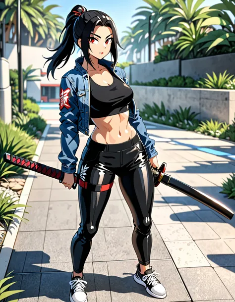 best quality, masterpiece, hires, 8k, solo, solo focus, highly detailed, 1female, female ninja assassin with katana sword, denim jacket, black tank top, midriff, skintight workout pants, sneakers, outdoors, full body shot