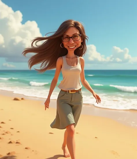 With this photo I create a 40-year-old woman walking on the beach ,  brown hair and test clear with brown eyes pixar style as an animation
