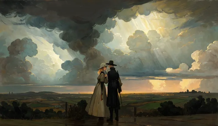 "Painted painting showing two figures in a gloomy landscape, one person protecting the other from a storm, with a soft light coming from the background, illuminating the scene. The figures are represented in an abstract way, with features that convey suppo...