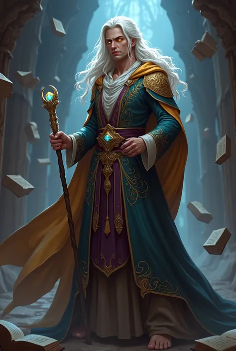 Create a professional character design of a skilled mage, wearing intricate, modern fantasy robes with gold and silver embroidery. The character should have long, flowing hair, a focused expression, and glowing eyes. Include subtle magical elements around ...