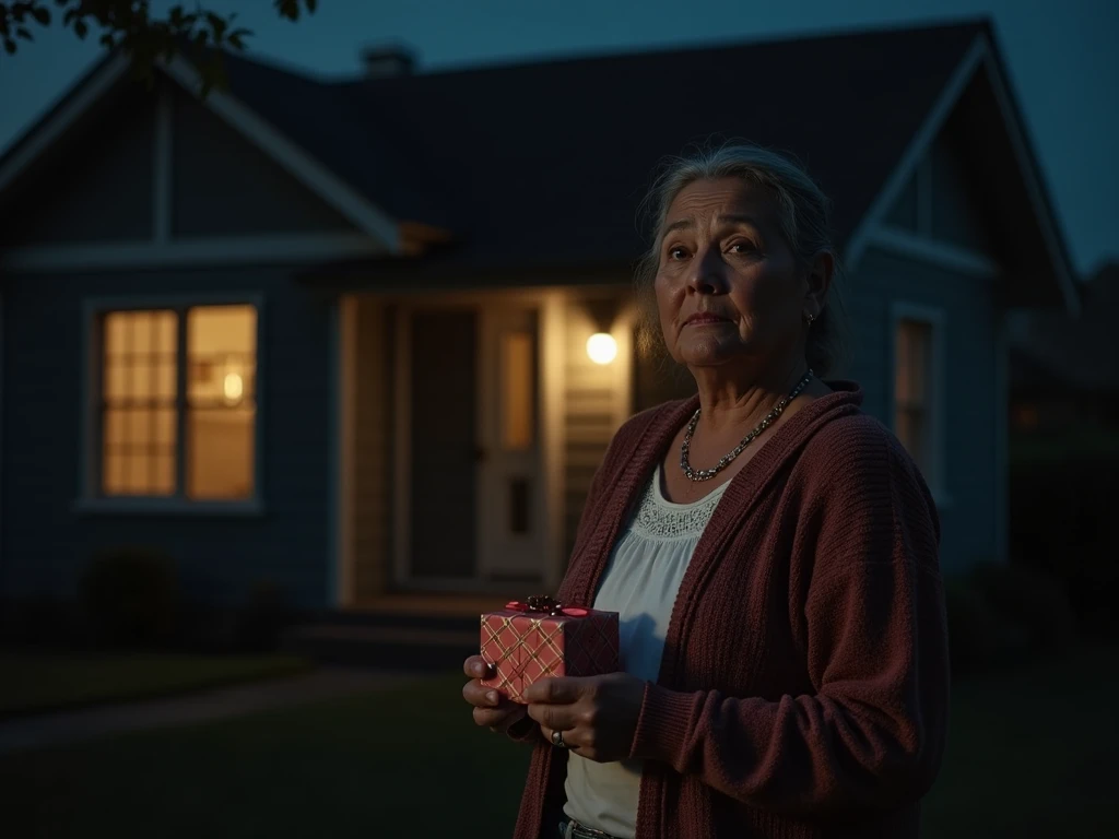 A dramatic night scene with a chubby 50-year-old woman of indigenous descent standing in front of her daughters house, hesitantly holding a small gift, while the light inside the house contrasts with the darkness outside the house . --ar 16:9 --v 5