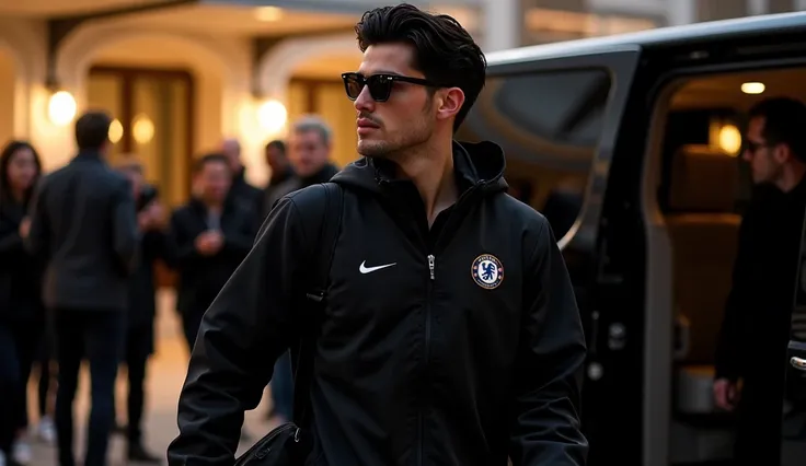  Getting out of a luxury black van  ( young man aged 20 years old handsome with white skin wavy black hair brushed back with wet effect short shaved male energy wears black sunglasses )  Black closed windbreaker jacket with two minimalist pieces of the Che...