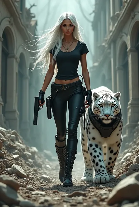  A woman with long hair , white in color,  he carries a gun in each hand ,  he wears tight pants , some high lace-up boots and a tight t-shirt , His clothes are black,  next to them is a white snow leopard wearing a vest, They walk through a ruined house ,...