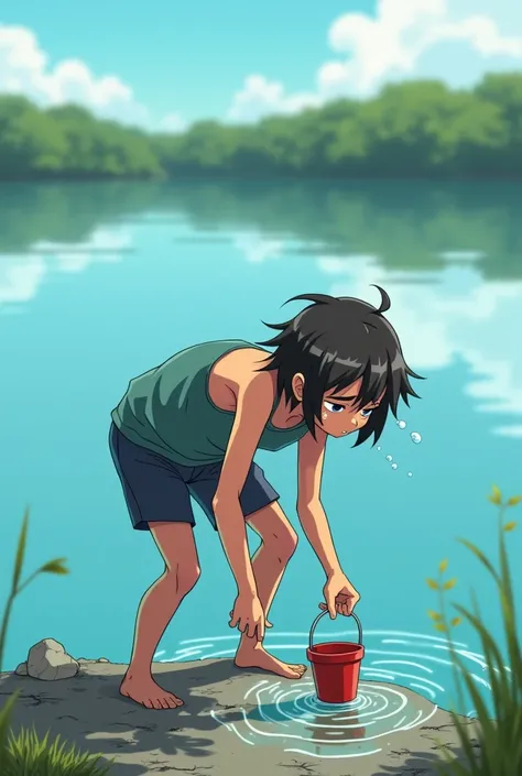 Scene 7: Hariya attempting to "empty a pond" with a tiny bucket, sweating profusely after one scoop of water.

