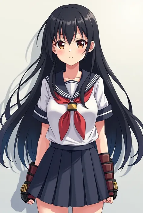 Long black hair  wearing school uniform, in the art style of the anime YuruYuri, wearing ufc gloves 