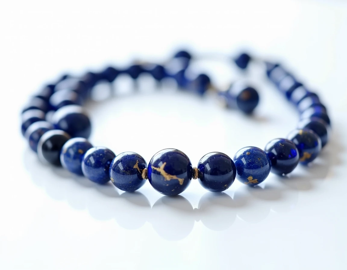 Stretched lapis lazuli japamala,  white background