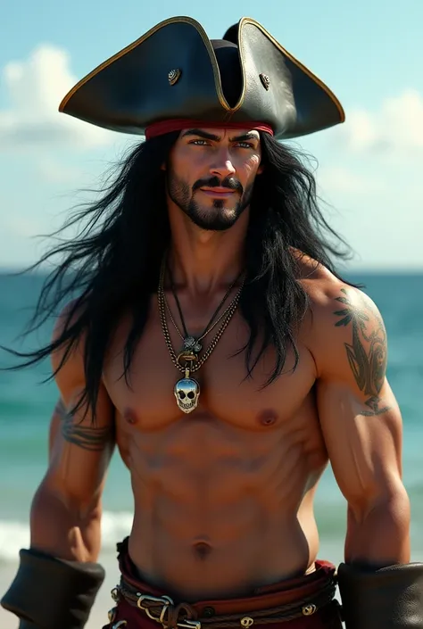 A charmingly looking pirate with a tricorn and a mischievous smile with long, hairless, shirtless black hair.