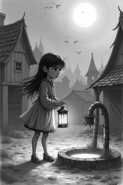 Elara, a curious young girl, stands at the edge of the village. She looks nervously at the well, holding a lantern in her hand. The wind picks up, and the sky darkens further. (Pencil Sketch) 