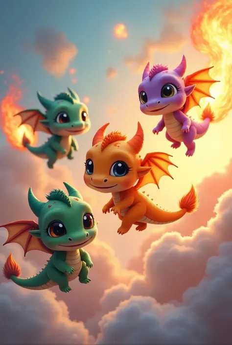  Create an image of 4 little baby dragon siblings that are flying and spitting fire. Make them super cute and each one a different color . 