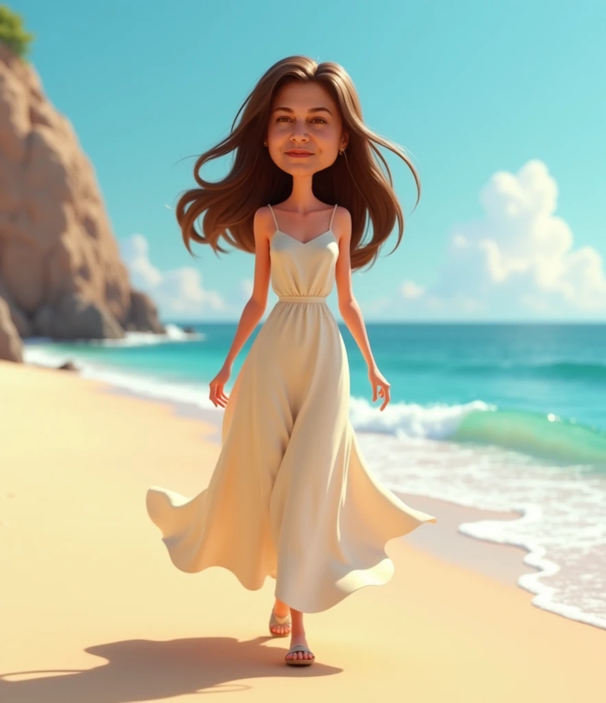 With this face, create a 40-year-old woman walking in a long dress with a medium body build,  brown hair and a light dress with brown eyes on the Pixar-style beach as an animation 