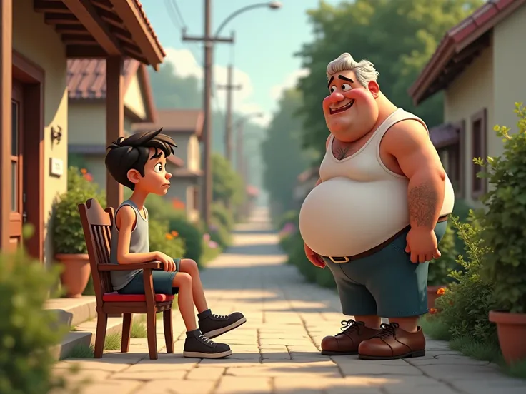 In the small town bordering the main street of cars,  They are on the porch of the house, a skinny boy ,  sitting on the chair,  and very angry , And a fat man,  in a white vest , is standing, Laughing a lot , 3D style disney