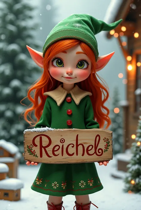 Christmas elf , girl, Redhead, green suit, with a wooden board that says Reichel 