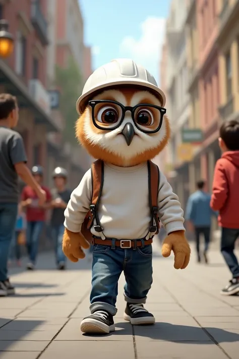 Young owl with glasses, White construction helmet,  long sleeve white shirt , navy blue jeans and black sports shoes walking and greeting people 