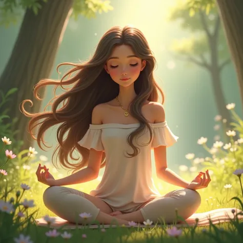 Beautiful animated girl with long wavy hair, meditating