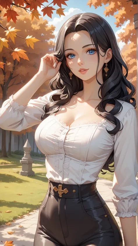 top-quality、anime style, Top image quality、​masterpiece、girl with((Medium bust、Bust 85,Beautiful blue eyes、black hair、A slender、 curly black hairs, beautiful eyes, beautiful breasts, Beautiful long black pants, white shirt, medieval outfit)）hiquality、Beaut...