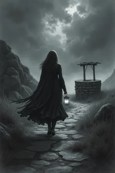 Over-the-shoulder shot of Elara walking toward the well. The lantern’s light flickers as her footsteps echo in the growing silence. The storm is intensifying. (Pencil Sketch) 