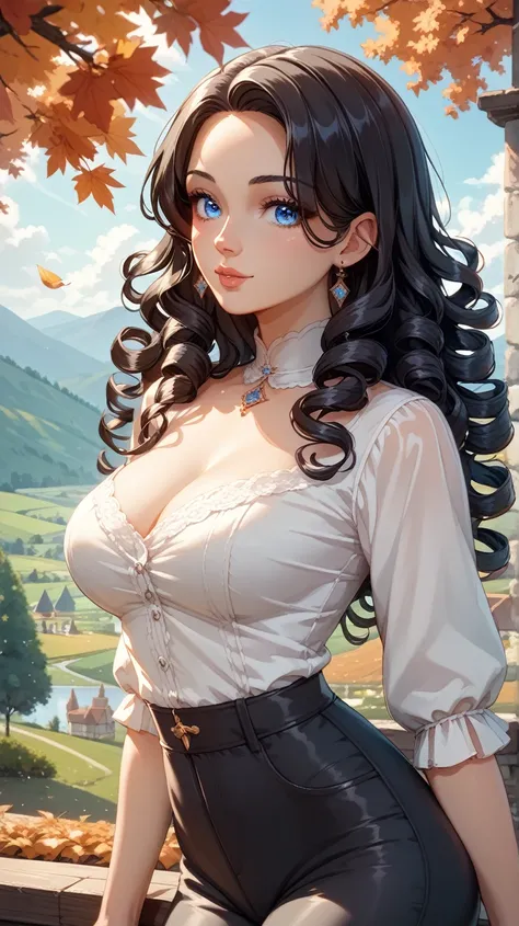 top-quality、anime style, Top image quality、girl with((Medium bust、Bust 85,Beautiful blue eyes、black hair、 curly black hairs, beautiful eyes, beautiful breasts, Beautiful long black pants, white shirt, medieval outfit)）hiquality、Beautiful Art、Background wit...