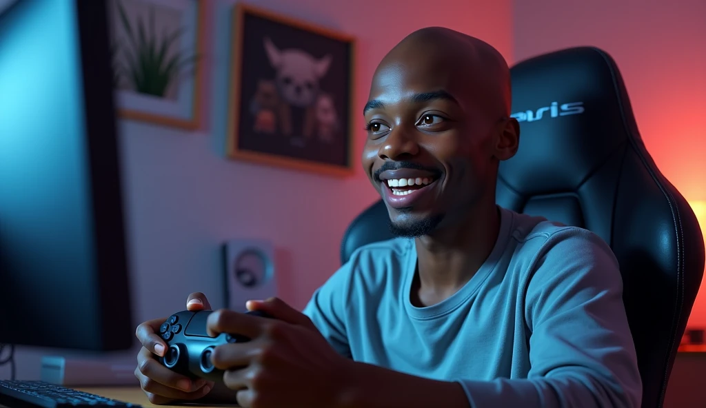 One of a bald young Moreno without a beard The young black man alone in the gamer room,  He has light brown eyes that glow when he is excited playing with his friends on the computer and Playstation 5. The skin on his face is smooth .  He is seated in a ga...