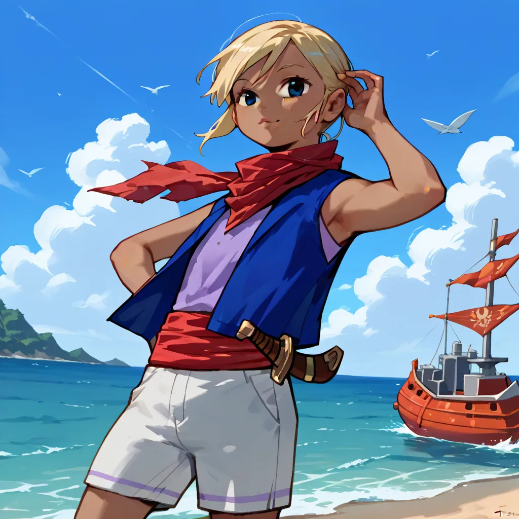 score_9, score_8_up, score_7_up, score_6_up, source_cartoon, WindWakerStyle, 1girl, , Tetra, (hand above eyes:1.3), red sash, red scarf, white shorts, blue vest, purple shirt, knife on hip, on a ship, ocean background, detailed background, feet, soles