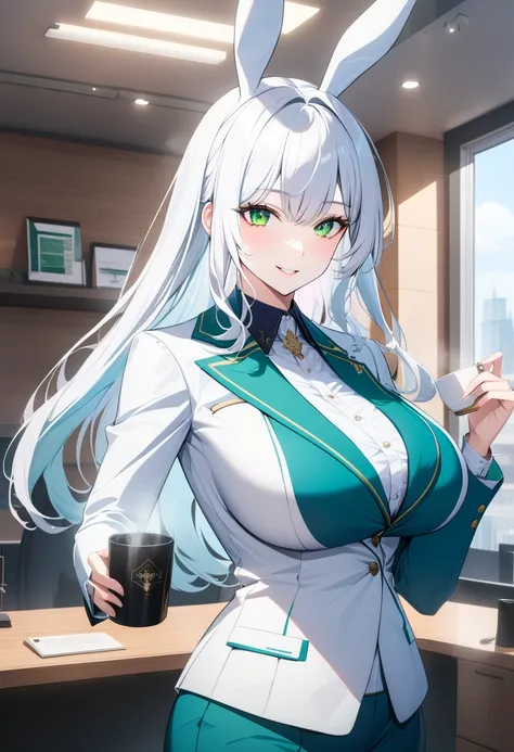 1girl, high quality, 8k, detailed, anime style, tall rabbit girl executive, huge breasts, short tousled white hair, captivating green eyes, charming smile, elegant business suit, office background, advertising posters visible, confident pose, warm expressi...