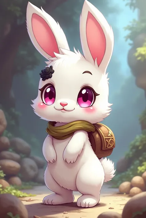 A white furry female cute bipedal rabbit adventurer with a black fur spot on one of its bright pink eyes as a ttrpg drawing