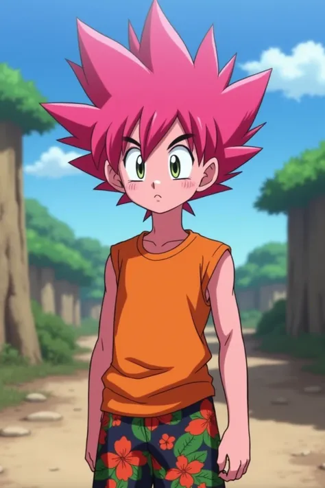  Screenshot of Dragon Ball ¡
  . 
 adolescent boy son of Majin Buu Cabello :  pink brown skin The hair is one of the most striking features ,  of an old pink color and with a rebellious style  .eyes: Although I dont know Costume :  The outfit is simple but...