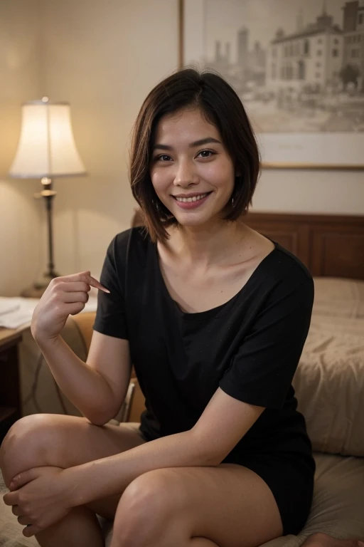 Best quality, masterpiece, medium resolution, asian sfemale singer, indoor hotel, warm lights, night time, super beautiful face, short bob cut, smooth face, (smile:1.5), wearing black t-shirt, pajamas, holding up paper sign (realism:1.5) original photo, si...