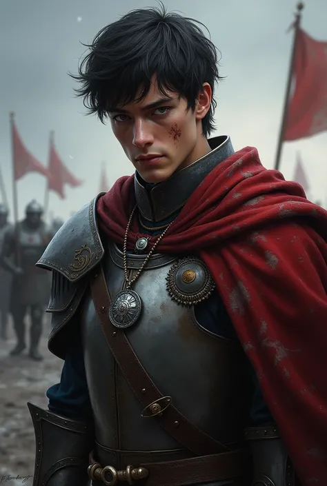 Create a fantasy portrait of young man with a commanding presence. He has intense, dark eyes that hold a hint of sadness and a strong, square jaw. His face bears a thin scar across one cheek, evidence of past battles. His hair is dark and slightly tousled,...