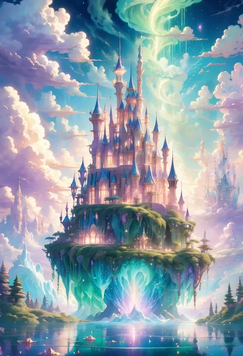 A mysterious floating island in the sky surrounded by soft, glowing clouds and lit by a magical aurora. The island features a Disney-style fantasy castle with spiraling towers, crystalline waterfalls that flow into the clouds, and luminous fireflies. A gen...