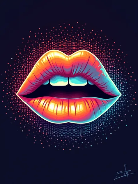 A pair of lips depicted in a Luminous Pop Art Pixels style, with bold, glowing edges and a color palette inspired by the vibrant world of pop art. Use a combination of bright orange and aqua to create a striking, eye-catching design 