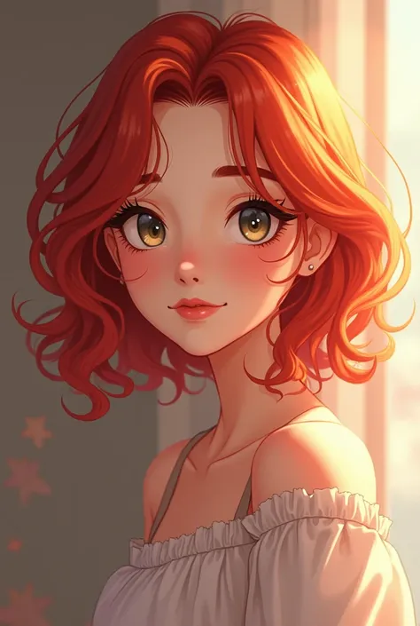 A mature red-haired woman who looks young anime style