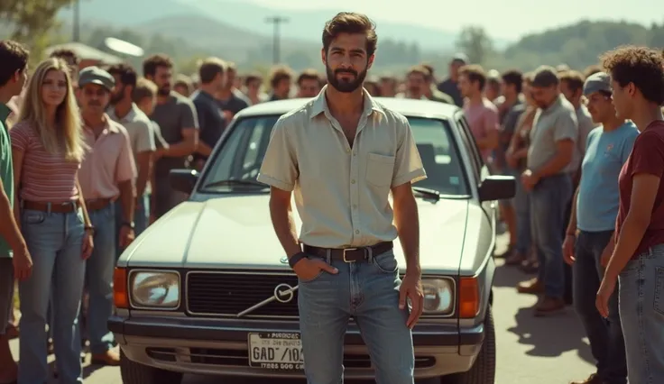 A man in his thirties in front of a modest car from the 80s, sur un parking, surrounded by a crowd 