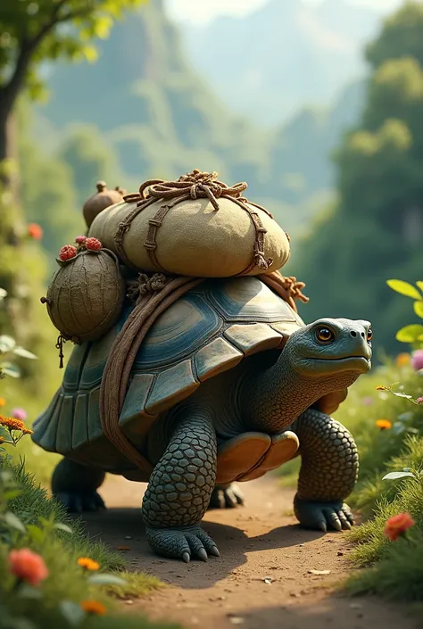 A turtle carrying a sack 