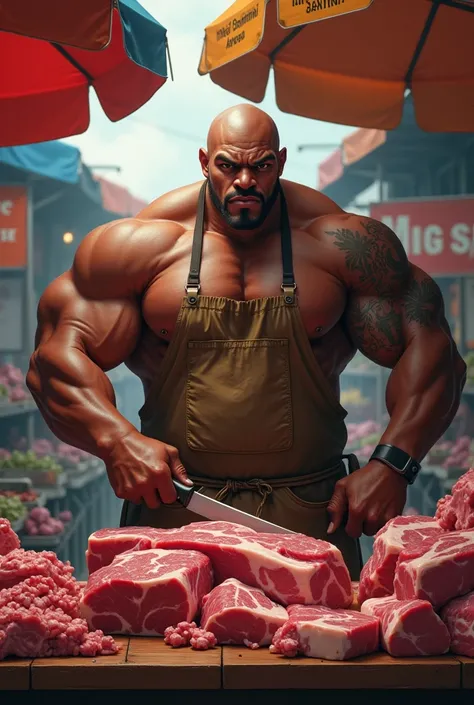 A huge black muscular man resembling Mike Tyson, dressed in a simple worn apron, working at a bustling meat market in Indonesia. Hes surrounded by various types of fresh meat on display, with traditional Indonesian market stalls in the background. He is sk...