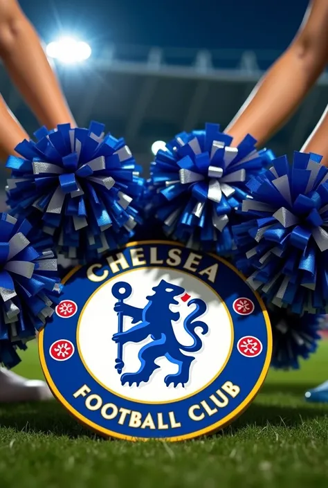  Arms of 4 of womans holding blue and silver big pompoms around a circular Chelsea Football Club emblem placed on the floor.  The emblem features a blue lion holding a cane ,  with the words “CHELSEA FOOTBALL CLUB” written around . The background suggests ...