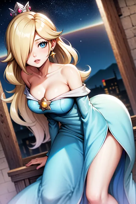 princesa rosalina, blue dress, big breasts, adult body, starry sky, semblante angelical
