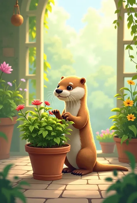 Text JARDIN DEL HUILLIN
with a drawing of an otter with a planter showing a plant