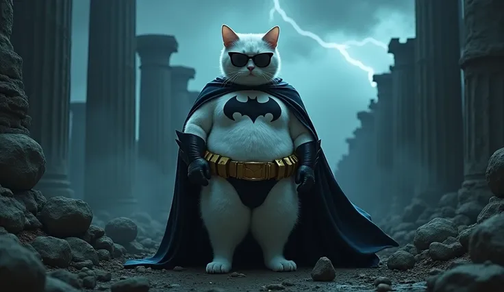 While thunder falls on the ruins at an eerie night、The fat white cat wearing sunglasses is disguised as Batman and is shown full body in Jin Wang standing