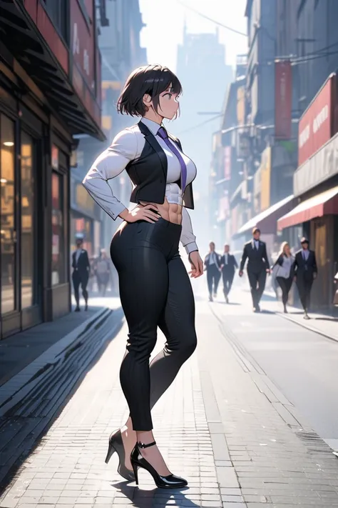 Female  ,curvy , Athletic body, abs , tall, black heels , 4k, , black suit pants, side view , white suit shirt , violet tie, short hair ,black short vest,  side view , open vest, walking  , one hand on hip 